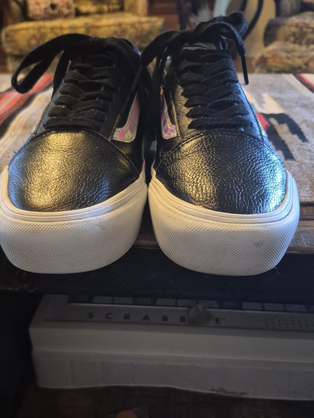 Vans Old Skool Irridised Racing Stripe Black Leather Womens Sz.8. VGC.(#1063sh)